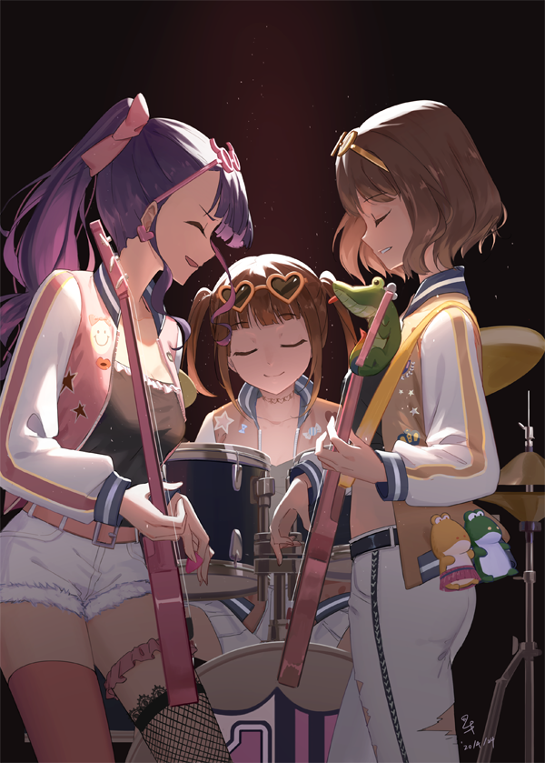 3girls bass_guitar closed_eyes drum eyewear_on_head guitar instrument kujou_ume multiple_girls pants ponytail purple_hair saeki_hina short_hair tokyo_7th_sisters tsuruki_noki wanibuchi_emoko white_pants