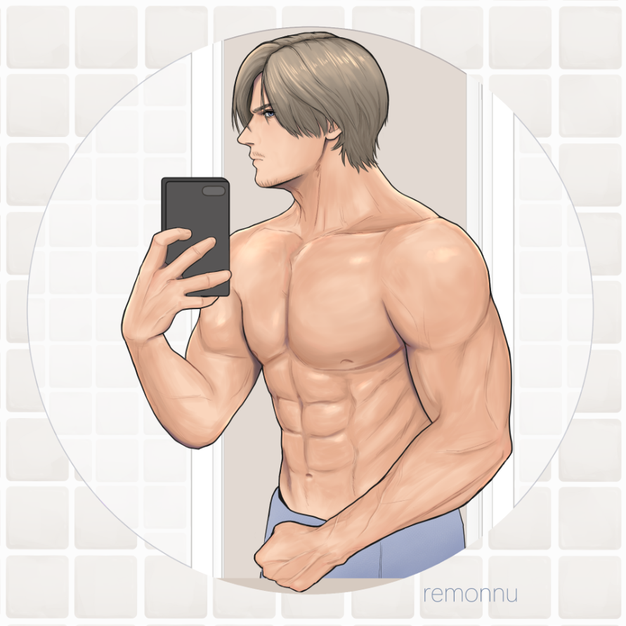 1boy abs artist_name blonde_hair cellphone holding holding_phone leon_s._kennedy male_focus muscular muscular_male navel phone remonnu_u resident_evil short_hair smartphone solo stomach topless_male towel_around_waist