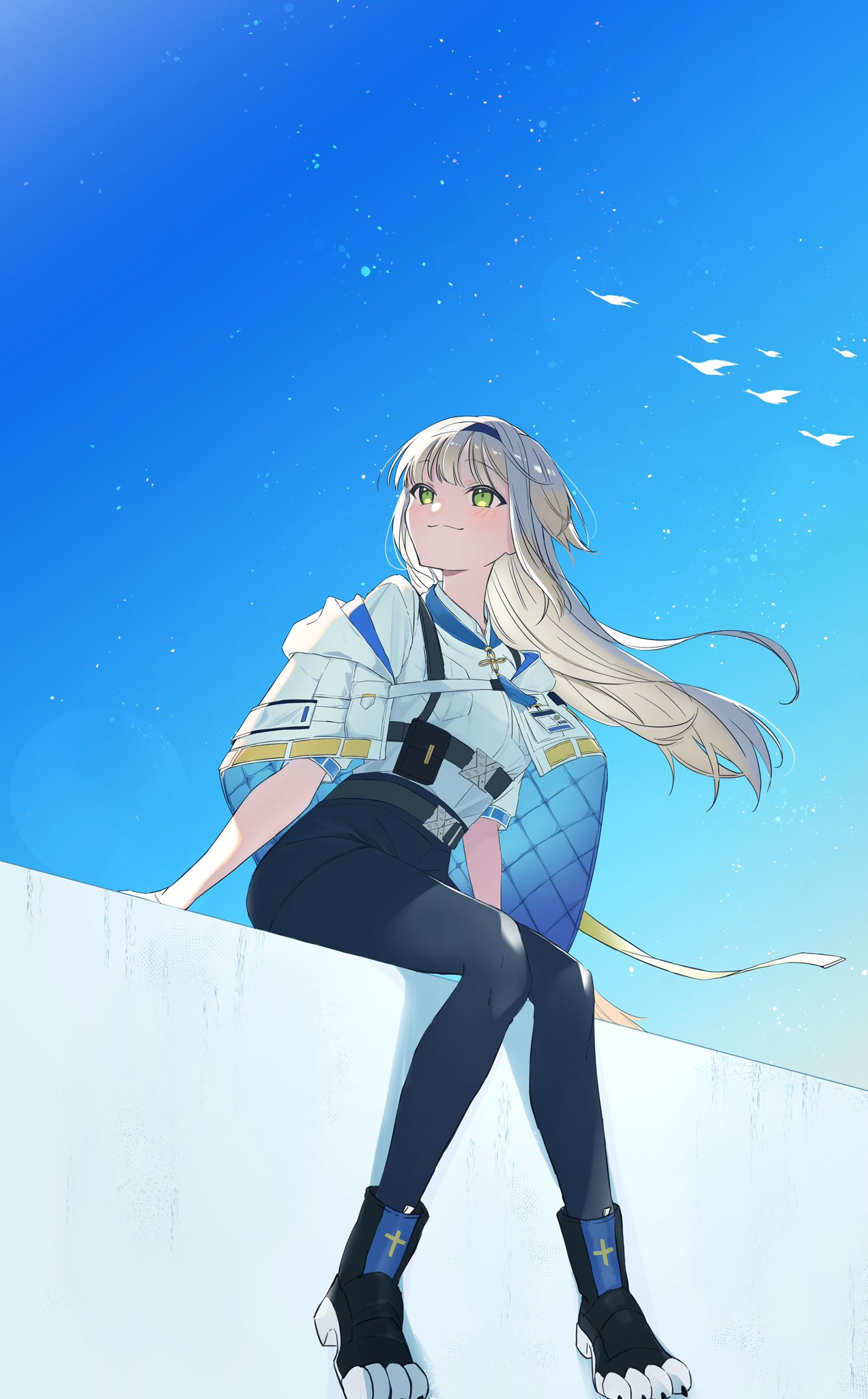 1girl belt black_belt black_hairband black_pants blonde_hair blue_sky closed_mouth cropped_jacket flock full_body green_eyes hairband highres jacket long_hair nijisanji pants shioriha_ruri shirakawa_(420) shirt sitting sky smile solo virtual_youtuber white_jacket white_shirt