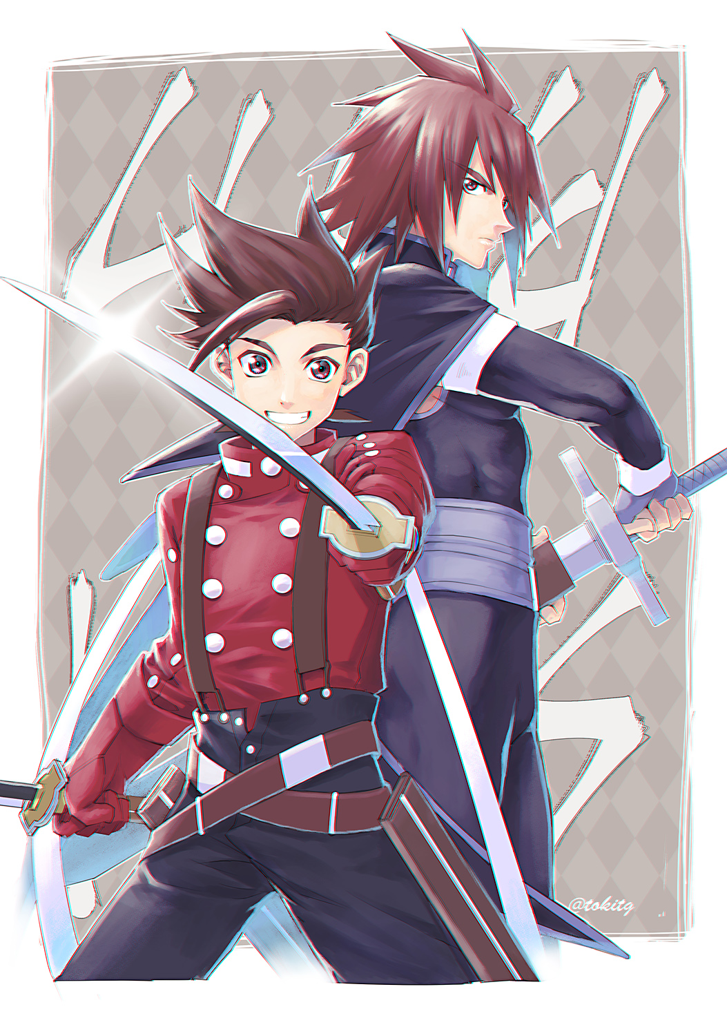 2boys brown_eyes brown_hair dual_wielding gloves grin highres holding jacket kratos_aurion lloyd_irving looking_at_viewer multiple_boys purple_clothing purple_gloves red_gloves red_jacket simple_background smile spiked_hair sword tales_of_(series) tales_of_symphonia thick_eyebrows tktg weapon wide-eyed