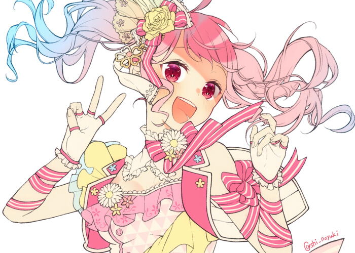1girl :d arm_ribbon bang_dream! blush daisy detached_collar fingerless_gloves flower frilled_gloves frills gloves hair_flower hair_ornament hair_ribbon hands_up long_hair looking_at_viewer maruyama_aya neck_ribbon open_mouth pink_eyes pink_hair pink_neckwear pink_ribbon ribbon rose round_teeth shi_noyuki sidelocks simple_background smile solo striped striped_neckwear striped_ribbon teeth twintails twitter_username upper_body upper_teeth v white_background white_flower white_gloves yellow_flower yellow_rose