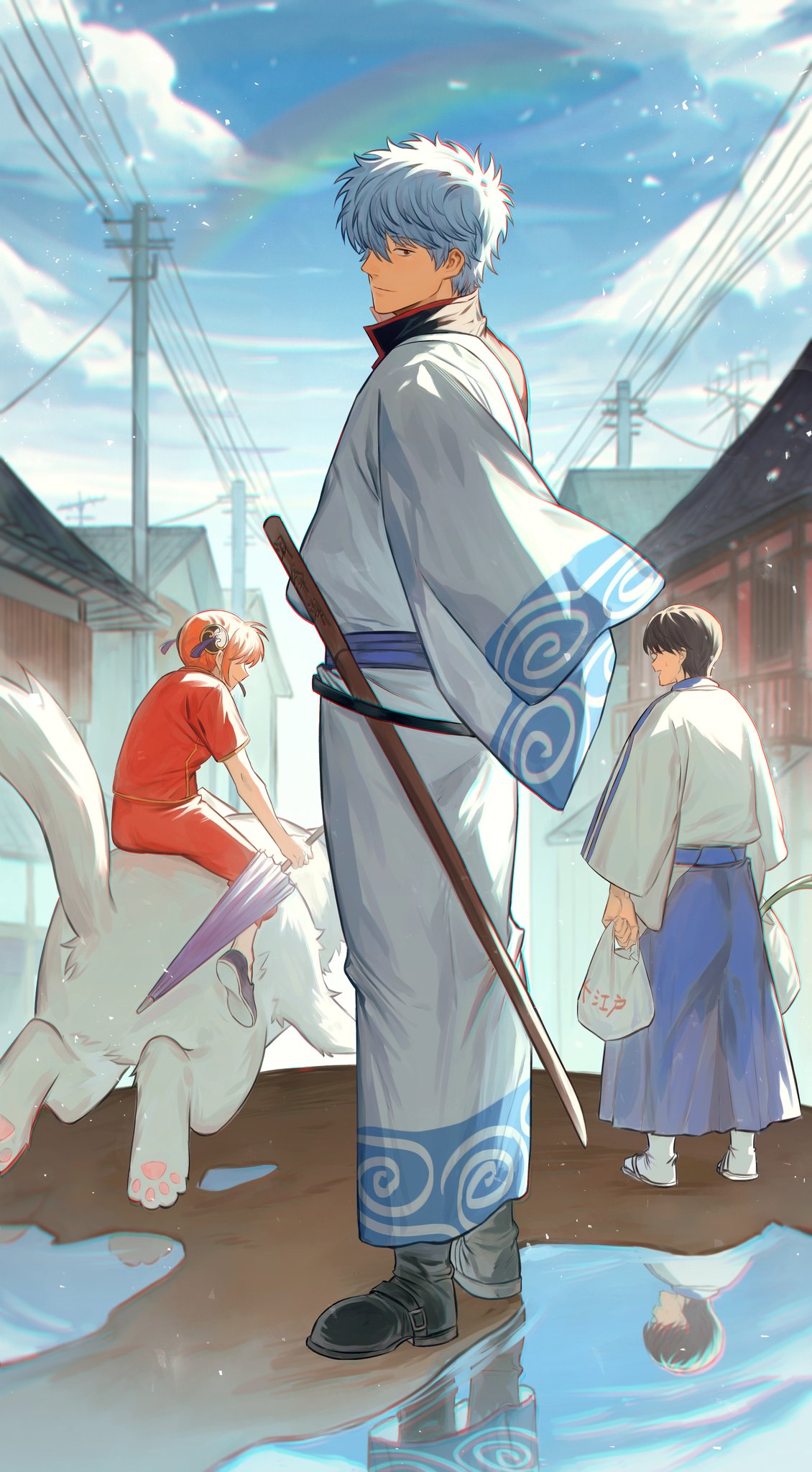 1girl 2boys bag black_hair blue_hair blue_sky boots chinese_clothes chromatic_aberration cloud cloudy_sky dog gintama highres holding holding_umbrella house japanese_clothes kagura_(gintama) kusuri looking_back multiple_boys orange_hair outdoors puddle rainbow red_eyes reflection riding riding_animal sadaharu sakata_gintoki shimura_shinpachi shopping_bag sky smile standing sword umbrella utility_pole weapon wooden_sword