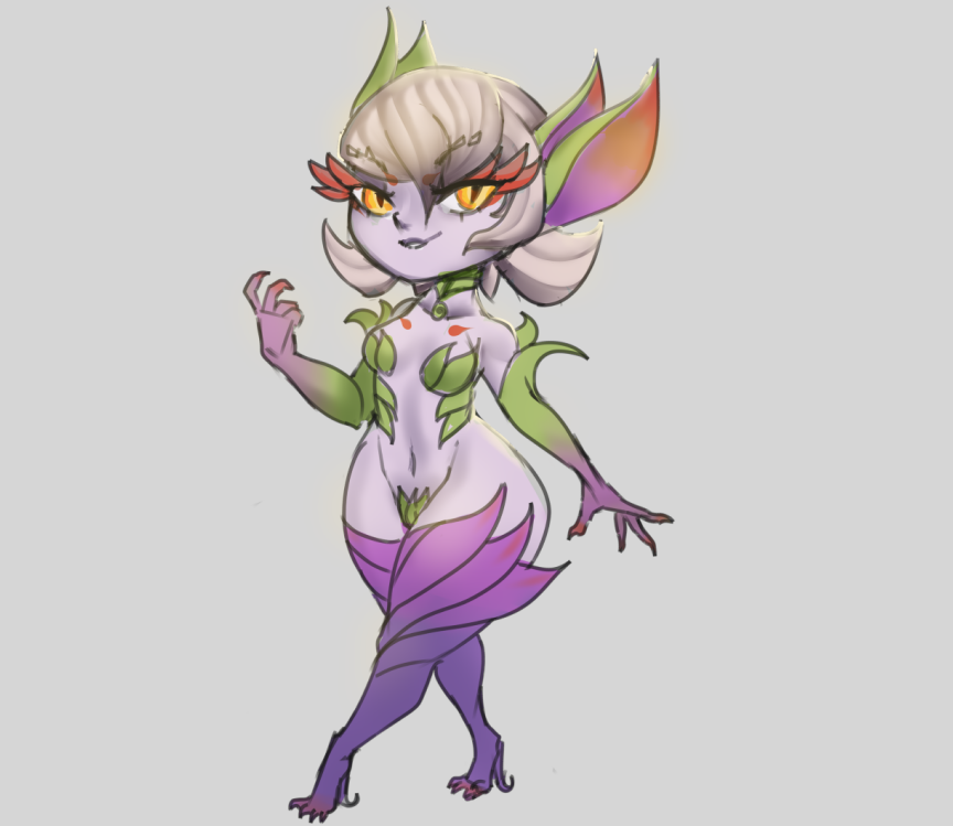 alternate_species breasts dddoodles elemental_creature elemental_humanoid eyelashes female flora_fauna fur grey_background hair humanoid leaf_bikini league_of_legends navel organic_high_heels plant plant_humanoid pupils purple_body purple_fur riot_games short_stack simple_background slit_pupils small_breasts smile solo thick_thighs white_hair wide_hips yellow_eyes yordle zyra_(lol)