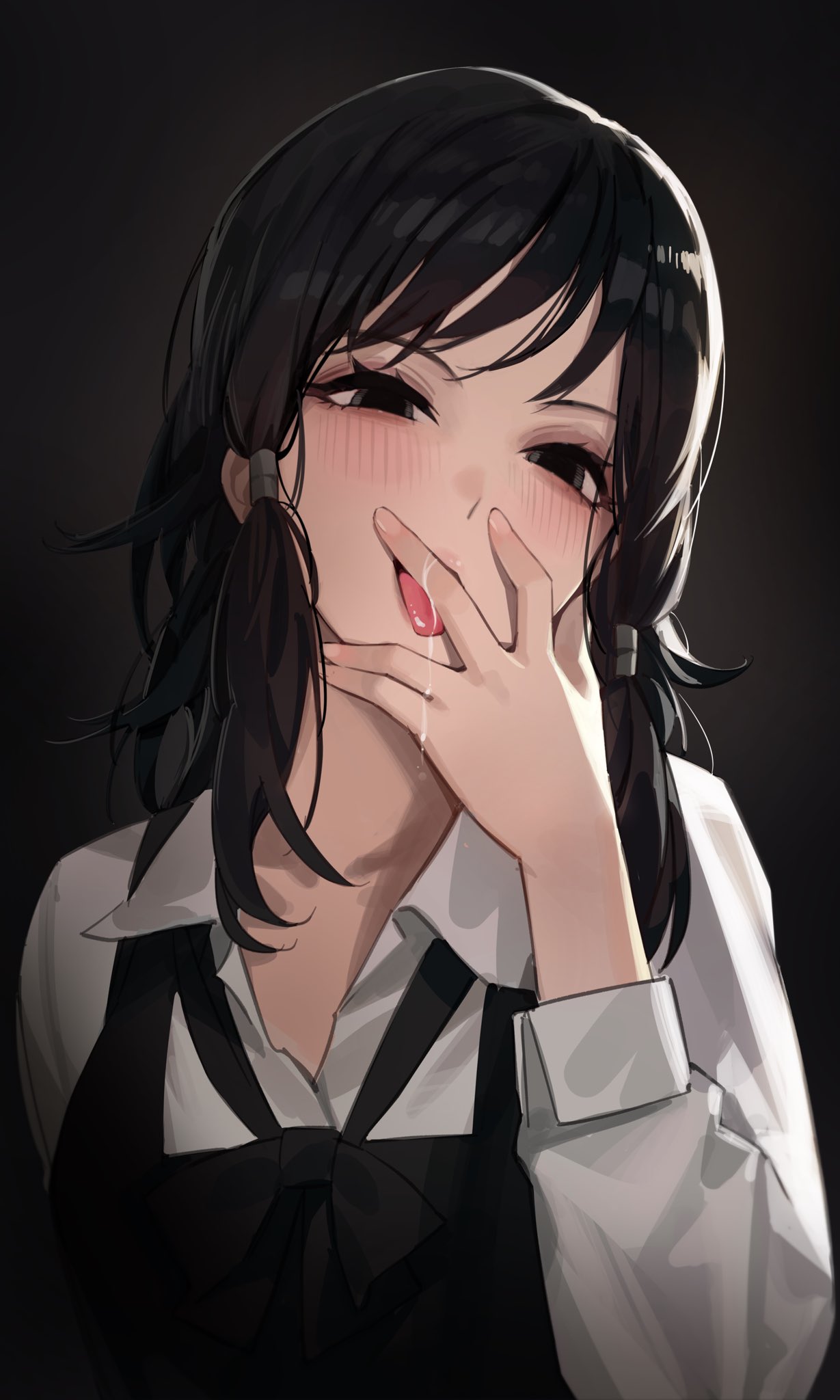 1girl black_bow black_bowtie black_eyes black_hair blush bow bowtie chainsaw_man collared_shirt dark_background dress fourth_east_high_school_uniform highres licking licking_finger licking_own_finger long_sleeves looking_at_viewer maenoo medium_hair mifune_fumiko pinafore_dress saliva school_uniform shirt sidelocks sleeveless sleeveless_dress solo tongue twintails upper_body white_shirt