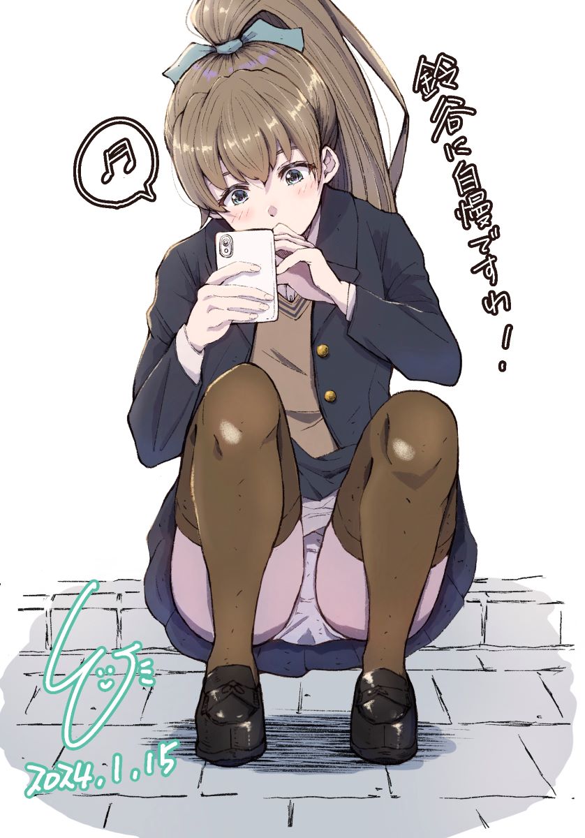 1girl beamed_sixteenth_notes black_footwear black_jacket blazer blue_eyes blue_skirt brown_hair brown_thighhighs cellphone commentary_request highres jacket kantai_collection kumano_(kancolle) ld_(luna_dial398) loafers long_hair musical_note official_alternate_costume panties phone school_uniform shoes skirt solo spoken_musical_note squatting sweater_vest thighhighs underwear white_panties