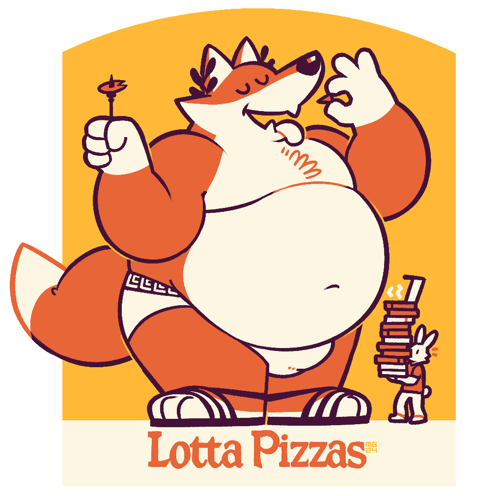 2024 anthro belly big_belly canid canine clothing duo eyes_closed food footwear fox greenendorf lagomorph leporid little_caesars male mammal orange_body overweight overweight_male parody pizza pizza_box rabbit sandals underwear