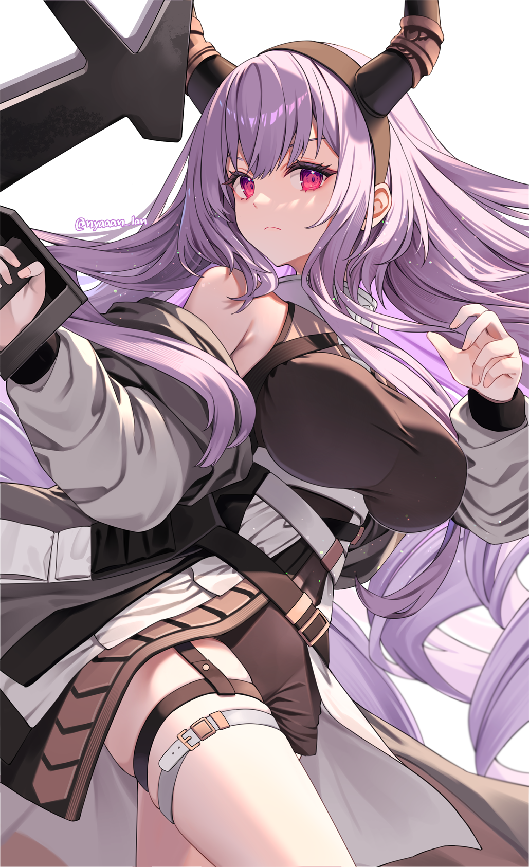 1girl arknights black_bodysuit black_hairband bodysuit bow_(weapon) breasts closed_mouth commentary_request cowboy_shot floating_hair frown hair_between_eyes hairband hand_up highres holding holding_bow_(weapon) holding_weapon horns huge_breasts jacket legs_together long_hair long_sleeves mashita_(kuzsat) off_shoulder open_clothes open_jacket pink_eyes purple_hair sidelocks simple_background solo thighs twitter_username typhon_(arknights) weapon white_background white_jacket