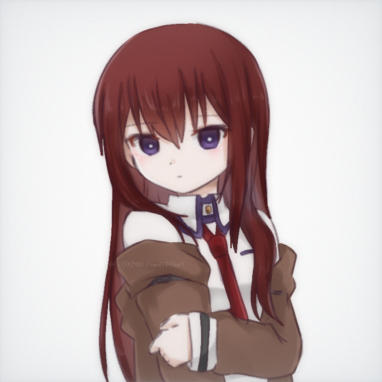 1girl breasts bright_pupils brown_jacket closed_mouth collared_shirt dot_nose expressionless grey_background hair_between_eyes hand_on_own_arm jacket kanzaki_nyo long_hair long_sleeves looking_at_viewer makise_kurisu necktie open_clothes open_jacket purple_eyes red_hair red_necktie shirt sidelocks simple_background small_breasts solo steins;gate twitter_username upper_body watermark white_pupils white_shirt