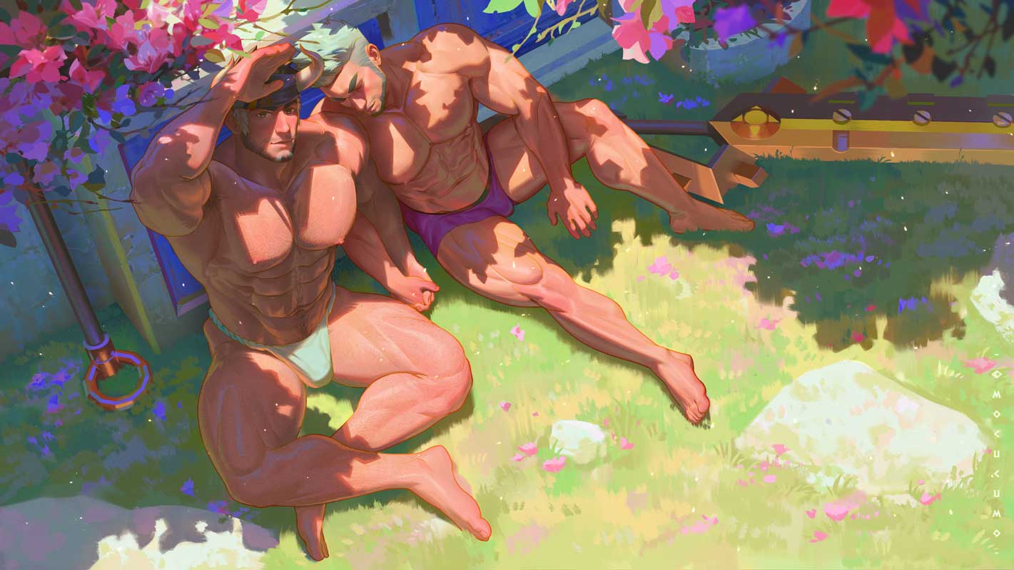 2boys abs bara beard bulge closed_eyes closed_mouth day facial_hair fundoshi grey_hair gyee holding_hands japanese_clothes large_pectorals looking_at_viewer male_focus male_underwear master_(gyee) mocucumo multiple_boys muscular muscular_male navel nipples outdoors pectorals purple_male_underwear short_hair sword takashi_(gyee) thick_thighs thighs underwear weapon yaoi