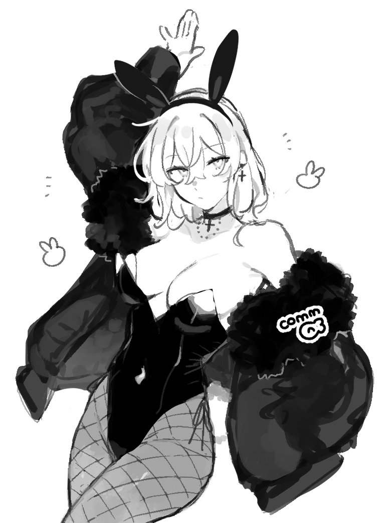 1girl animal_ears black_leotard breasts camiyaki character_request cleavage copyright_request covered_navel earrings fake_animal_ears fishnet_pantyhose fishnets hand_in_pocket jacket jewelry leotard monochrome open_clothes open_jacket pantyhose playboy_bunny rabbit_ears short_hair single_earring strapless strapless_leotard