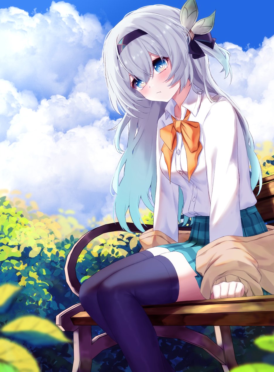 1girl :t black_hairband black_ribbon black_thighhighs blue_eyes blue_skirt blue_sky blush bow bowtie brown_cardigan cardigan closed_mouth cloud cloudy_sky collared_shirt cowboy_shot day dot_nose firefly_(honkai:_star_rail) from_side grey_hair hair_bow hair_ribbon hairband high-waist_skirt highres honkai:_star_rail honkai_(series) jacket jacket_partially_removed long_hair long_sleeves looking_at_viewer miniskirt nature open_cardigan open_clothes open_collar orange_bow orange_bowtie outdoors photo_(medium) plant pleated_skirt pout ribbon school_uniform shirt shirt_tucked_in sidelocks sitting skirt sky solo thighhighs v-shaped_eyebrows white_bow wing_collar zekens_(dnvt2447) zettai_ryouiki