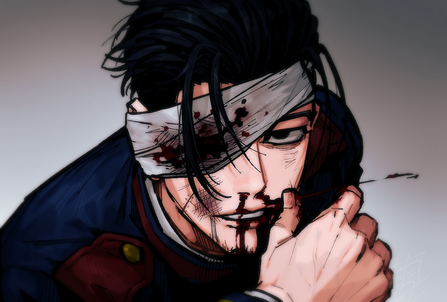 1boy bandage_over_one_eye black_eyes black_hair bleeding blood blue_jacket bruise facial_hair goatee golden_kamuy grey_background grmms_otk hair_slicked_back hand_up injury jacket looking_at_viewer male_focus military_uniform nosebleed ogata_hyakunosuke one_eye_covered open_mouth portrait shoulder_boards simple_background solo teeth undercut uniform wiping_face