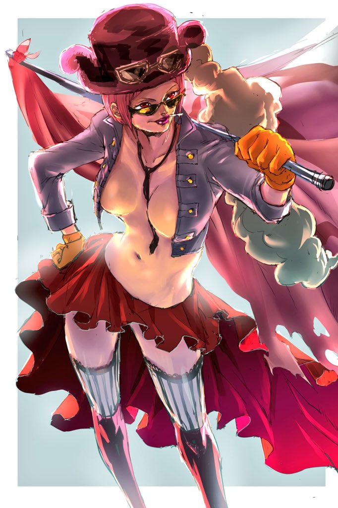 1girl bazaraga_no_shujii belo_betty boots breasts cigarette commentary cropped_jacket flag from_above gloves goggles goggles_on_headwear hand_on_own_hip hat_feather holding holding_flag looking_to_the_side necktie one_piece purple_hair red_eyes red_skirt simple_background skirt solo sunglasses thighhighs