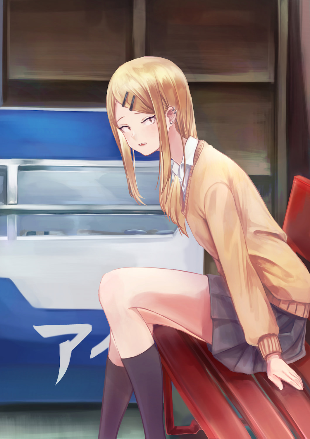 1girl black_footwear blonde_hair bus_stop colored_skin commentary dagashi_kashi ear_piercing earrings endou_saya green_skirt hair_ornament hairclip highres jewelry kneehighs long_hair long_sleeves looking_at_viewer miniskirt multiple_piercings on_bench open_mouth piercing pleated_skirt sanpaku sayuumigi shirt sitting skirt socks solo stud_earrings sweater white_shirt yellow_sweater