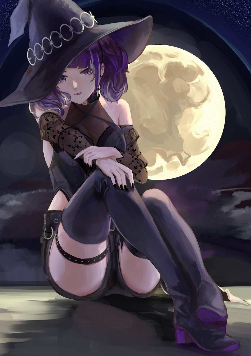 1girl bare_shoulders black_footwear black_nails black_shorts black_thighhighs boots breasts cleavage commentary detached_sleeves diagonal_bangs full_body full_moon halter_shirt halterneck hat high_heel_boots high_heels highres hip_vent idolmaster idolmaster_shiny_colors knees_up lipstick long_sleeves looking_at_viewer makeup medium_hair moon nail_polish night night_sky outdoors puffy_long_sleeves puffy_sleeves purple_eyes purple_hair purple_lips sayuumigi see-through see-through_cleavage see-through_sleeves shirt shorts sitting sky sleeveless sleeveless_shirt solo tanaka_mamimi thigh_boots thigh_strap thighhighs twintails witch witch_hat