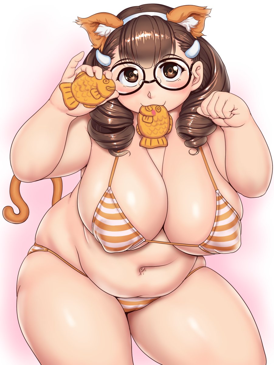 1girl animal_ear_fluff animal_ears bikini blush breasts brown_bikini brown_eyes brown_hair brown_tail cameltoe cleavage clenched_hand closed_mouth commentary_request covered_nipples cowboy_shot drill_hair fake_animal_ears food food_in_mouth glasses gradient_background hairband highres holding holding_food kurowa-san_(orizen) large_breasts leaning_forward long_hair looking_at_viewer navel original orizen pink_background plump simple_background solo string_bikini striped_bikini striped_clothes swimsuit tail tareme thick_arms thick_thighs thighs twin_drills white_background