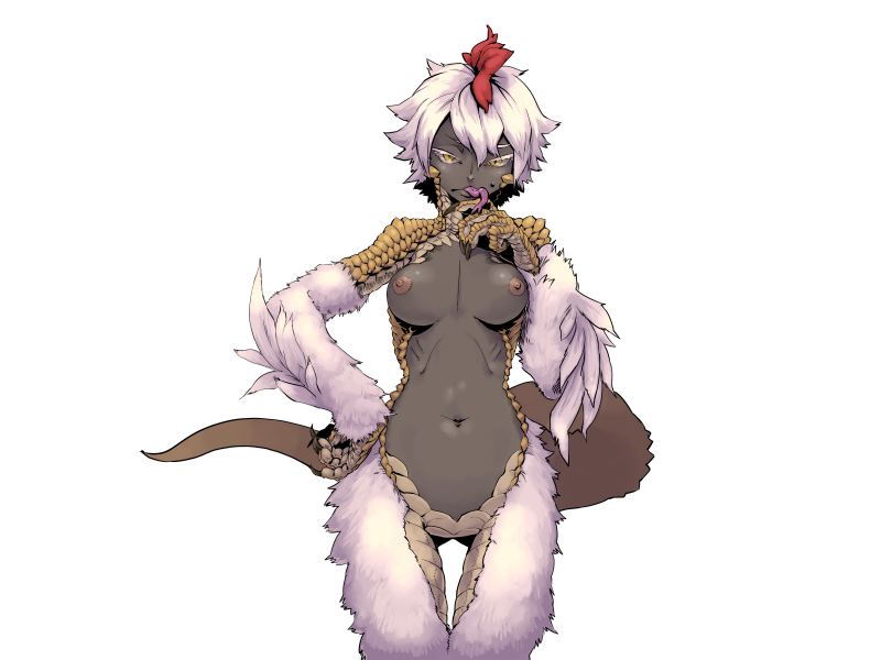 1girl animal_hands basilin_(mon-musu_quest!) basilisk_girl bmp-to-png_conversion breasts claws dark-skinned_female dark_skin feathers frown hair_between_eyes harpy kanemaki_thomas lizard_tail long_tongue looking_at_viewer mon-musu_quest! monster_girl multicolored_hair navel nipples non-web_source red_hair scales small_breasts solo sweatdrop tail tongue tongue_out transparent_background two-tone_hair white_feathers white_hair yellow_eyes