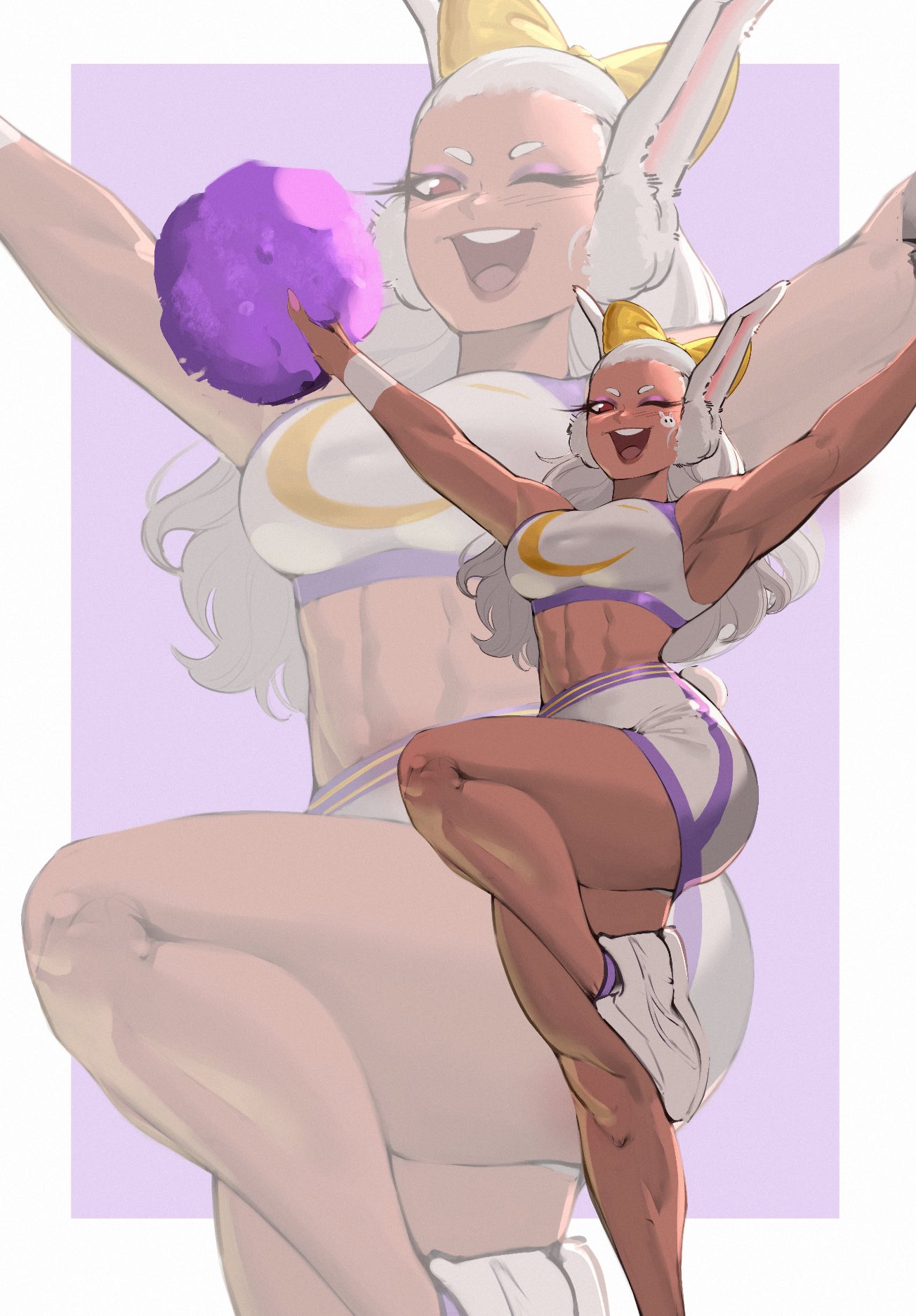 1girl :d abs alternate_costume alternate_hairstyle animal_ears armpits arms_up bare_shoulders blush boku_no_hero_academia border bow breasts cheerleader crescent_print crop_top dark-skinned_female dark_skin english_commentary hair_bow highres holding holding_pom_poms knee_up large_breasts long_eyelashes long_hair looking_at_viewer mirko navel one_eye_closed open_mouth pom_pom_(cheerleading) purple_background purple_trim rabbit_ears rabbit_girl rabbit_tail red_eyes shirt skirt sleeveless sleeveless_shirt smile solo standing standing_on_one_leg stomach tail tail_through_clothes teeth thick_thighs thighs toned upper_teeth_only white_border white_footwear white_hair white_shirt white_skirt yellow_bow zoom_layer zukululuu