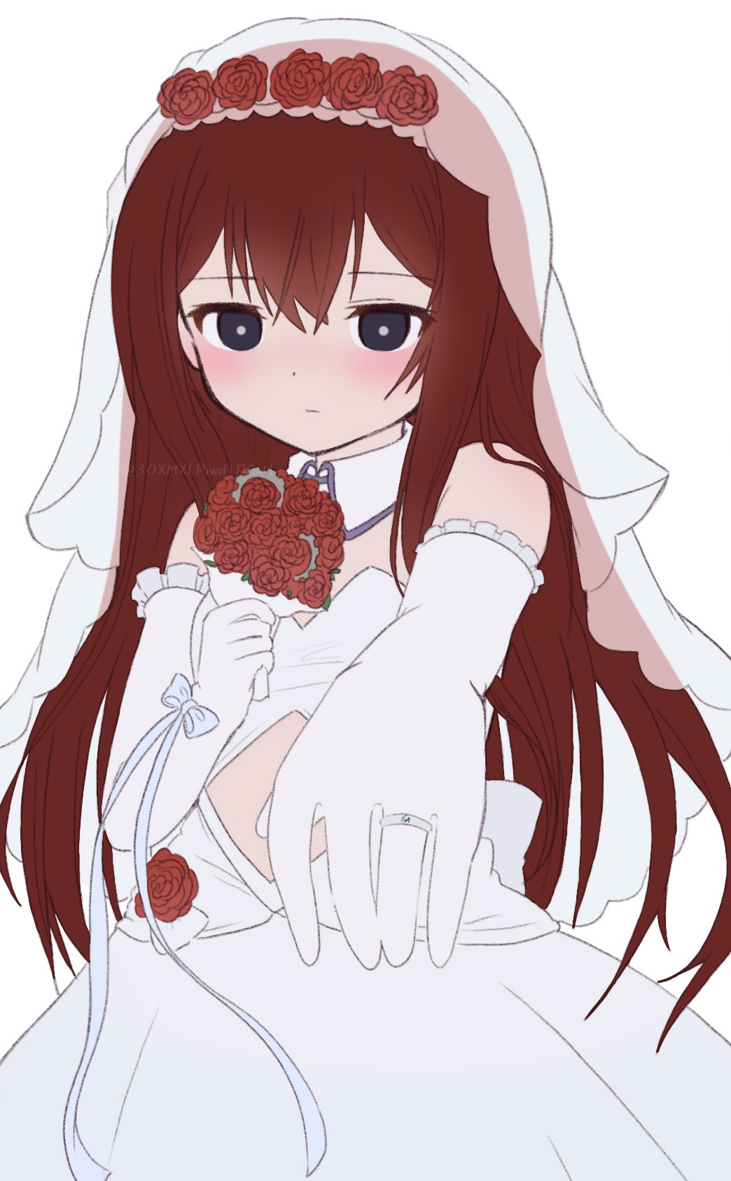1girl :| bare_shoulders black_eyes blush bouquet bridal_veil bright_pupils closed_mouth clothing_cutout cowboy_shot detached_collar dot_nose dress elbow_gloves expressionless flat_chest flower flower_wreath frilled_gloves frills gloves hair_between_eyes head_wreath highres holding holding_bouquet kanzaki_nyo long_hair looking_at_viewer makise_kurisu reaching reaching_towards_viewer red_flower red_hair red_rose rose sidelocks simple_background solo steins;gate stomach_cutout twitter_username veil watermark wedding_dress white_background white_dress white_gloves white_pupils