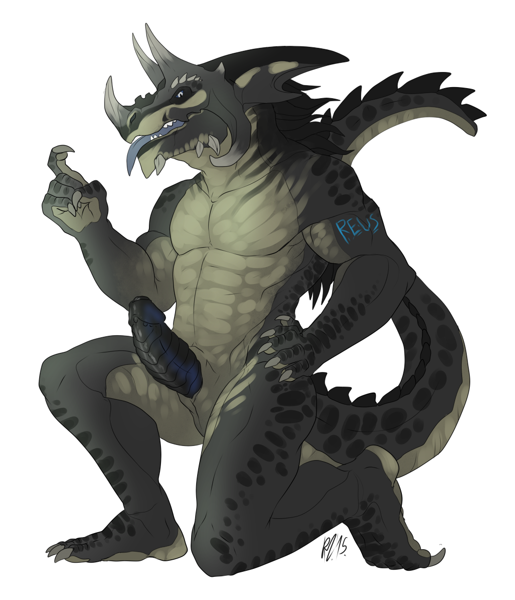 anthro beckoning biceps big_penis claws diesel_(explicital) heavy horn hornedfreak invalid_tag kneeling looking_at_viewer male muscular partially_retracted_foreskin pecs penis pose reptile scalie signing simple_background solo tattoo teeth tongue tongue_out uncut white_eyes