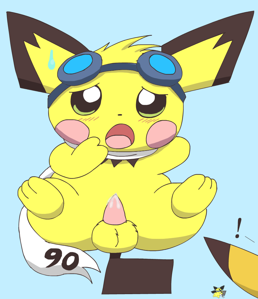 2024 artist_logo balls blue_background blush bodily_fluids cum cum_on_penis duo exclamation_point eyewear eyewear_on_head feral fur generation_1_pokemon generation_2_pokemon genital_fluids genitals goggles goggles_on_head hand_behind_head logo male nintendo penis pichu pichu90 pikachu pokemon pokemon_(species) scarf simple_background sparks_pichu sweat sweatdrop tapering_penis white_scarf yellow_body yellow_fur