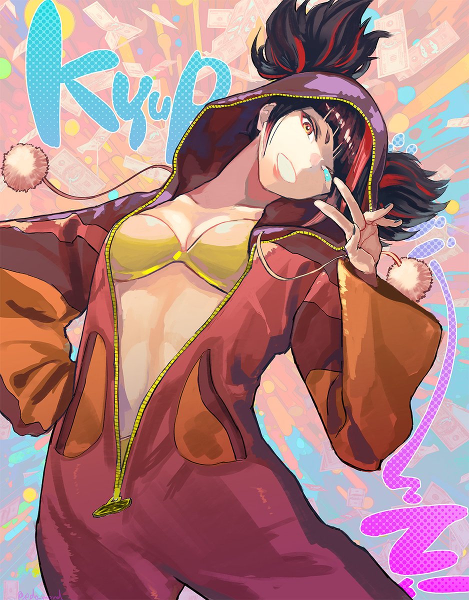 1girl alternate_costume black_hair black_pajamas blue_eyes bra breasts brown_eyes capcom capcom_cup celebration cleavage collarbone edo_mond_(edoedoedomond) glowing glowing_eye han_juri heterochromia highres hood hood_up hooded_pajamas multicolored_hair open_mouth orange_bra pajamas purple_eyes red_hair red_lips red_pajamas short_twintails small_breasts smile solo streaked_hair street_fighter street_fighter_6 trophy twintails underwear