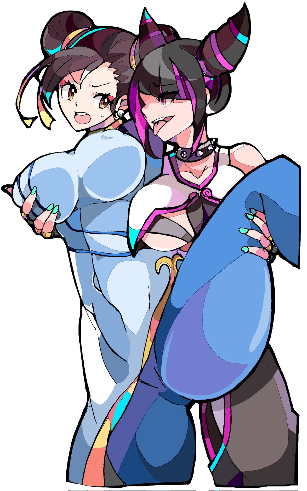 2girls black_hair breasts chun-li collar covered_navel covered_nipples double_bun enpe grabbing grabbing_another's_breast hair_bun hair_horns han_juri highres large_breasts leg_up lifting_person looking_at_another medium_hair multiple_girls nail_polish open_mouth purple_eyes simple_background spiked_collar spikes street_fighter teeth thick_thighs thighs tongue tongue_out upper_teeth_only white_background yellow_eyes yuri