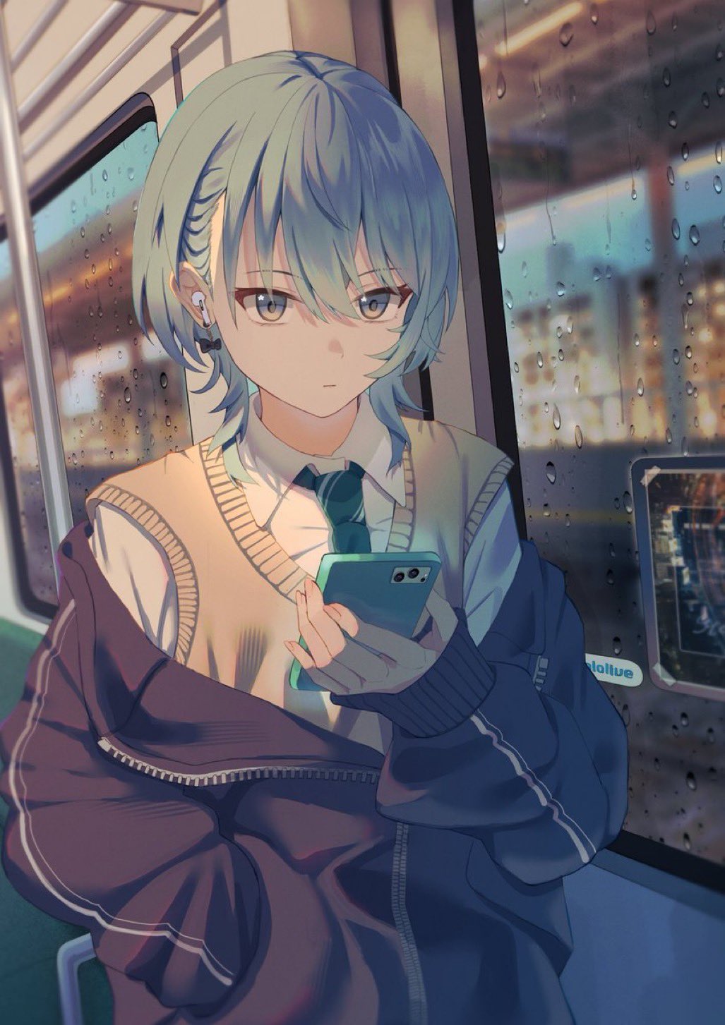 1girl alternate_costume alternate_hairstyle blue_eyes blue_hair blurry blurry_background breasts cellphone closed_mouth commentary_request earbuds earphones earrings green_necktie hair_between_eyes hand_in_pocket highres holding holding_phone hololive hoshimachi_suisei jacket jewelry light_frown looking_at_viewer loose_necktie maria_onnette necktie off_shoulder open_clothes open_jacket partially_unzipped phone school_uniform shirt short_hair small_breasts smartphone solo star_(symbol) star_in_eye sweater_vest symbol_in_eye train_interior water_drop white_shirt window yellow_sweater_vest