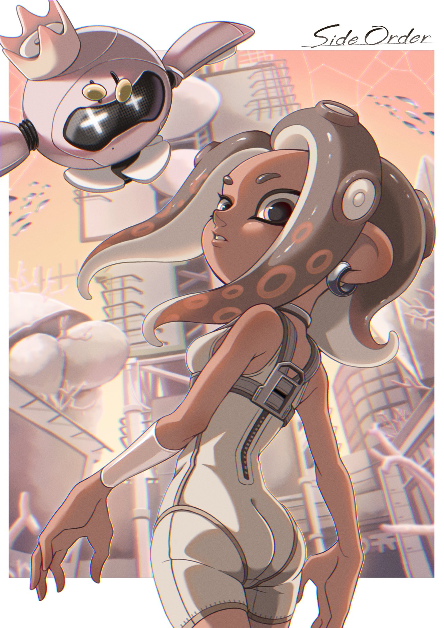 1girl agent_8_(splatoon) arm_warmers ass bare_shoulders bodysuit breasts chromatic_aberration copyright_name coral drone earrings film_grain floating_hair gradient_hair grey_eyes grey_hair highres jewelry long_hair multicolored_hair neck_ring octoling octoling_girl octoling_player_character orange_hair parted_lips pearl_drone_(splatoon) school_of_fish single_arm_warmer small_breasts splatoon_(series) splatoon_3 splatoon_3:_side_order suction_cups sumaboooo tentacle_hair two-tone_hair white_arm_warmers white_bodysuit zipper