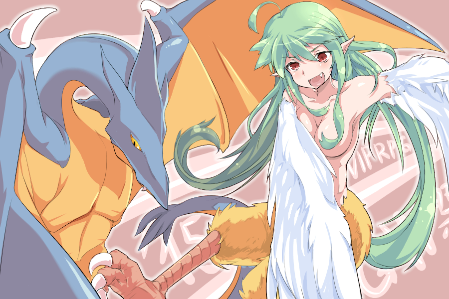 1girl ahoge bird_legs blush breasts commentary commentary_request dragon fang feathered_wings feathers green_hair hair_censor harpy kawasumi_(tk2k_jade) medium_breasts monster_girl nude open_mouth pointy_ears red_eyes sidelocks talons twintails viprpg white_feathers white_wings winged_arms wings