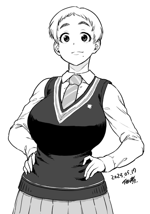 1girl black_sweater_vest breasts dated greyscale hands_on_own_hips large_breasts long_sleeves mole mole_under_eye monochrome necktie original school_uniform short_hair skirt solo sweater_vest tsukudani_(coke-buta)