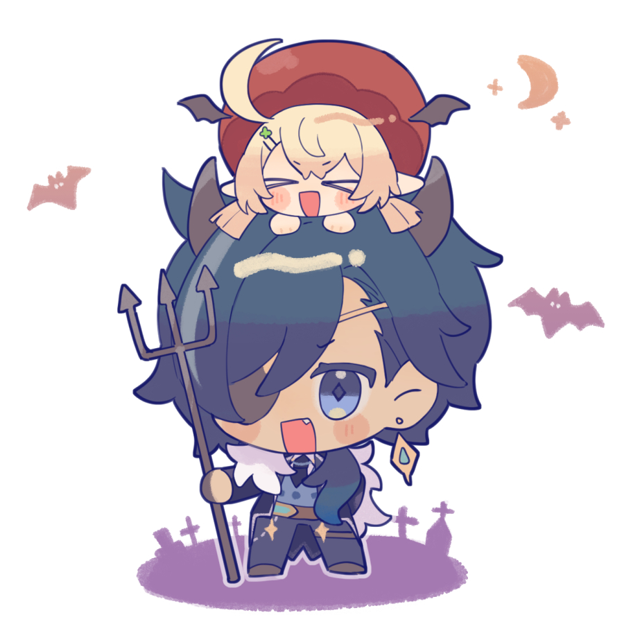 &gt;_&lt; 1boy 1girl :d ahoge bat_(animal) beret black_coat black_footwear black_horns black_necktie black_wings blonde_hair blue_eyes blue_hair blue_pants blue_vest blush blush_stickers chibi child closed_eyes clover_hair_ornament coat collared_shirt commentary crescent_moon dark-skinned_male dark_skin demon_horns earrings english_commentary eyepatch fang fur-trimmed_coat fur_trim genshin_impact hair_between_eyes hair_ornament hair_over_shoulder hairclip hat head_wings holding_trident horns jewelry kaeya_(genshin_impact) klee_(genshin_impact) koma_(km_mmmk) long_hair long_sleeves looking_at_viewer low_twintails moon multicolored_hair necktie on_head one_eye_covered open_clothes open_coat open_mouth pants parted_bangs person_on_head pointy_ears polearm ponytail red_headwear shirt shoes simple_background single_earring smile standing streaked_hair swept_bangs tombstone trident twintails vest weapon white_background white_shirt wings