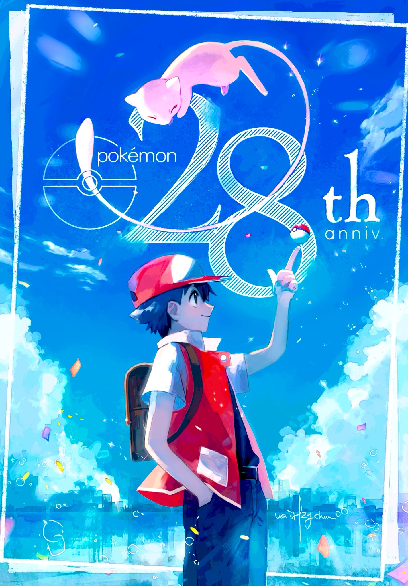 1boy anniversary black_hair black_shirt closed_mouth cloud commentary day hand_in_pocket hanenbo hat highres index_finger_raised jacket male_focus mew_(pokemon) outdoors pants poke_ball poke_ball_(basic) pokemon pokemon_(creature) pokemon_rgby red_(pokemon) red_headwear shirt short_hair sky smile