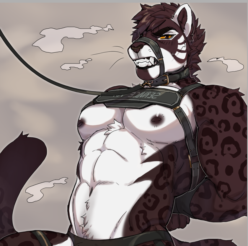 anthro areola athletic athletic_anthro athletic_male bdsm clenched_teeth collar felid fur hair kasusei leash leashed_collar leopard looking_at_viewer male mammal maremare markings navel pantherine sei_kasu solo spots spotted_body spotted_fur tail teeth white_body white_fur
