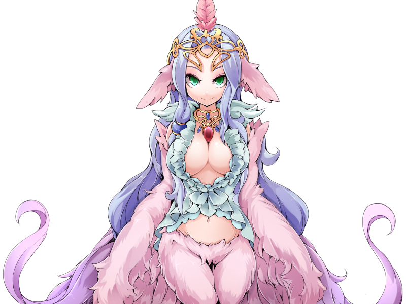 1girl animal_ears bird_ears bird_legs bird_tail bmp-to-png_conversion breasts center_opening crown dress eyeshadow feathered_wings feathers frfr green_dress green_eyes harpy large_breasts long_hair looking_at_viewer lucretia_(mon-musu_quest!) makeup midriff mon-musu_quest! monster_girl non-web_source pendant_choker pink_feathers pink_wings plunging_neckline purple_feathers purple_hair sidelocks single_hair_tube smile solo tail transparent_background very_long_hair winged_arms wings