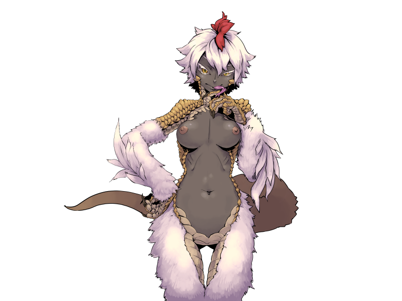 1girl animal_hands basilin_(mon-musu_quest!) basilisk_girl bmp-to-png_conversion breasts claws dark-skinned_female dark_skin feathers hair_between_eyes harpy kanemaki_thomas lizard_tail long_tongue looking_at_viewer mon-musu_quest! monster_girl multicolored_hair navel nipples non-web_source red_hair scales small_breasts solo tail tongue tongue_out transparent_background two-tone_hair white_feathers white_hair yellow_eyes