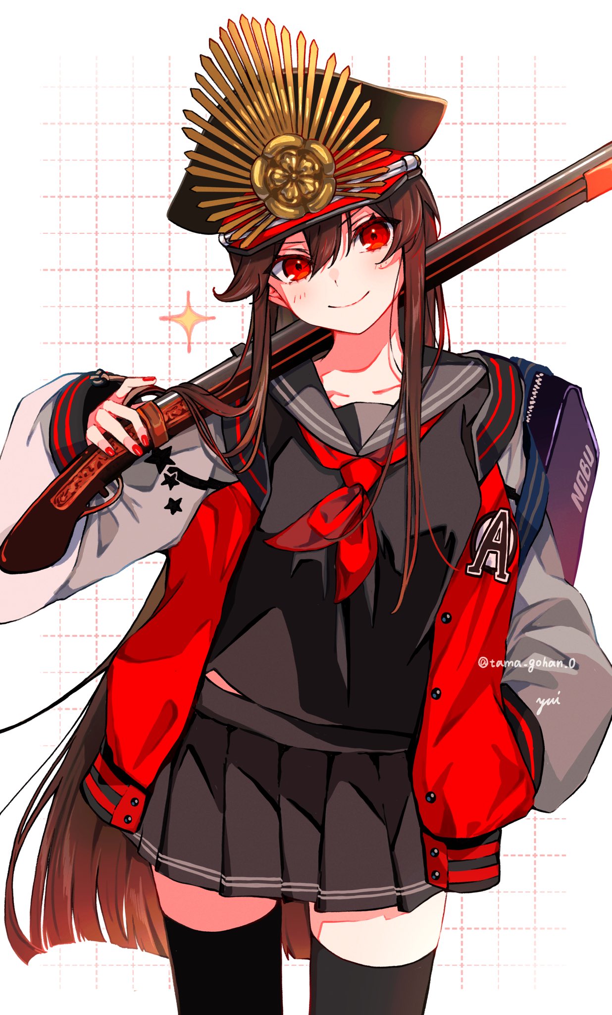 1girl artist_name bag black_hair black_serafuku black_skirt black_thighhighs family_crest fate/grand_order fate_(series) grey_sailor_collar grid_background gun hand_in_pocket hat highres jacket letterman_jacket long_hair military_hat multicolored_clothes multicolored_jacket musket nail_polish neckerchief oda_nobunaga_(fate) oda_uri open_clothes open_jacket peaked_cap pleated_skirt red_eyes red_jacket red_nails red_neckerchief sailor_collar school_bag school_uniform serafuku simple_background skirt smile solo sparkle thighhighs twitter_username two-tone_jacket weapon white_background yui_(tamagohan) zettai_ryouiki