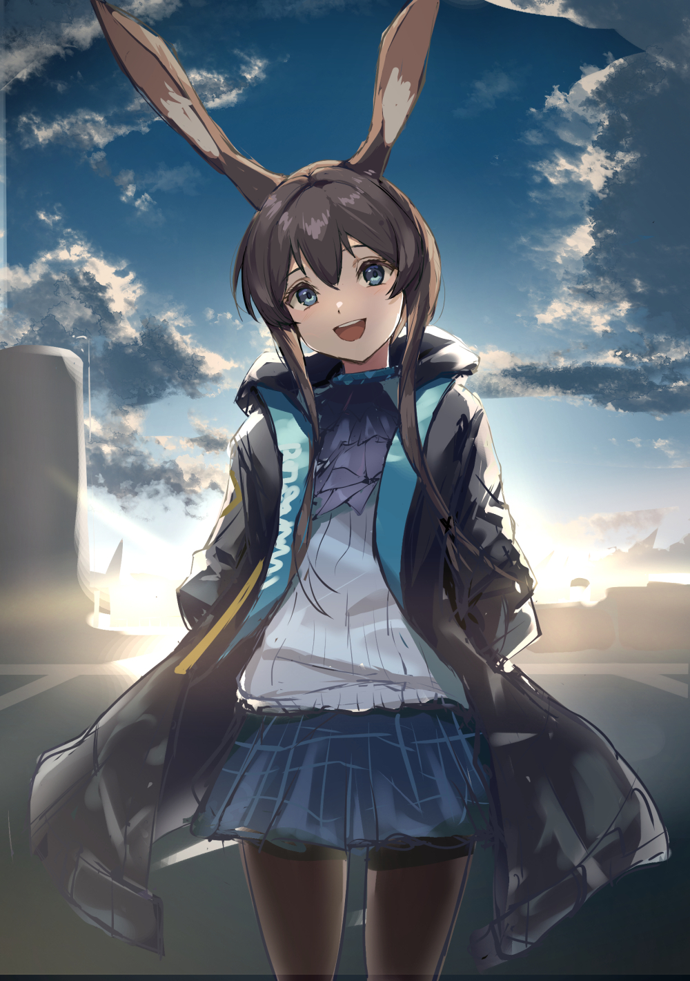 1girl :d amiya_(arknights) animal_ear_fluff animal_ears arknights arms_behind_back backlighting black_jacket blue_eyes blue_skirt blue_sky brown_hair chou_oji cloud commentary_request cowboy_shot dawn hair_between_eyes highres jacket long_hair long_sleeves looking_at_viewer open_clothes outdoors pantyhose plaid plaid_skirt rabbit_ears rabbit_girl shirt sidelocks skirt sky smile solo standing sunrise white_shirt