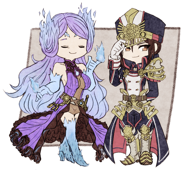 2girls armor asozan_(cocomil) black_headwear black_jacket black_pants blue_fire blue_hair breasts brighid_(xenoblade) brown_eyes brown_hair chibi closed_eyes closed_mouth collarbone fiery_hair fire gloves gradient_hair hand_on_headwear hand_up hat jacket long_hair medium_breasts military military_hat military_uniform morag_ladair_(xenoblade) multicolored_hair multiple_girls pants pauldrons purple_hair reverse_trap shoulder_armor simple_background smile uniform xenoblade_chronicles_(series) xenoblade_chronicles_2