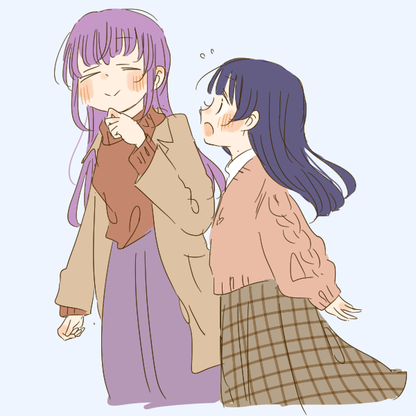 2girls :o blue_hair brown_coat brown_sweater casual coat commentary flying_sweatdrops hand_on_own_chin kase_(ks_lys) link!_like!_love_live! long_hair long_skirt long_sleeves looking_at_another loose_hair_strand love_live! multiple_girls murano_sayaka otomune_kozue plaid plaid_skirt puffy_long_sleeves puffy_sleeves purple_hair skirt smile sweater winter_clothes winter_coat