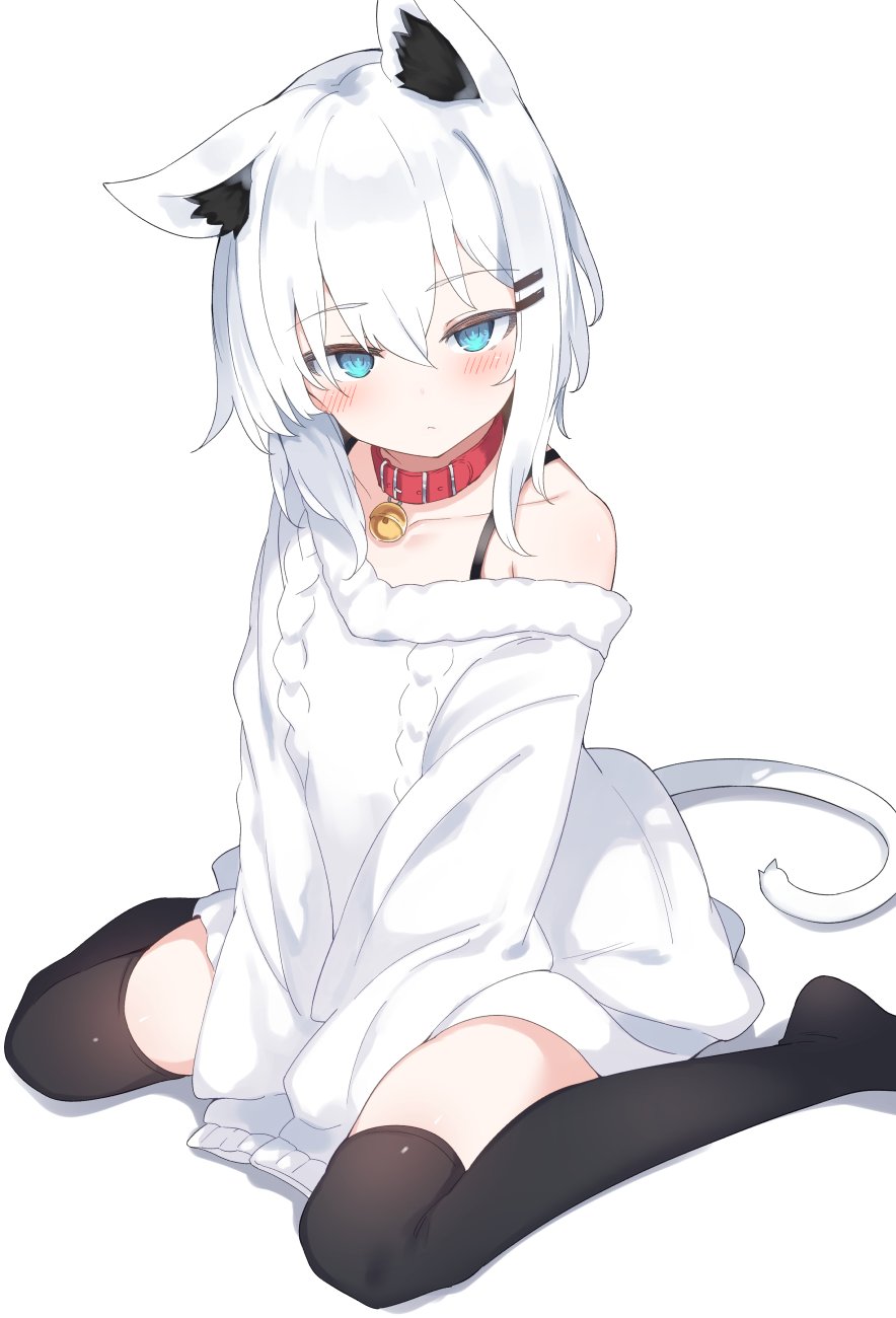 1girl animal_ears bell between_legs black_thighhighs blue_eyes cat_ears cat_girl cat_tail collar dress expressionless hand_between_legs highres long_sleeves looking_at_viewer neck_bell no_pants off_shoulder original otokuyou oversized_clothes ringo-chan_(otokuyou) simple_background sitting sleeves_past_fingers sleeves_past_wrists sweater sweater_dress tail thighhighs wariza white_background white_hair white_sweater