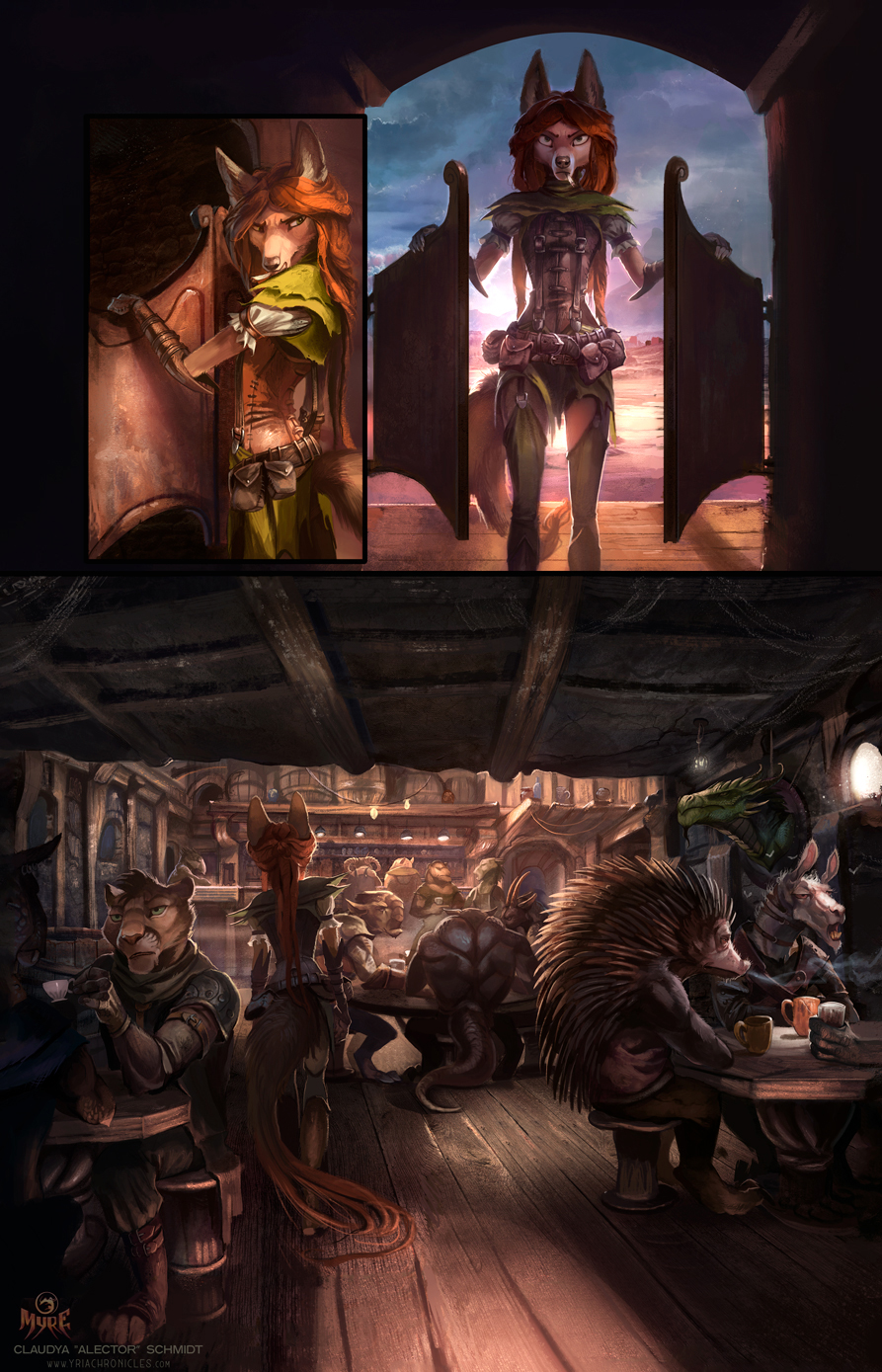 alectorfencer ambiguous_gender anthro asinus black_nose brown_body brown_fur canid canine comic detailed_background donkey equid equine felid female fur group hair hi_res inside lion male mammal myre outside pantherine porcupine red_hair rodent saloon_doors sky tavern walking