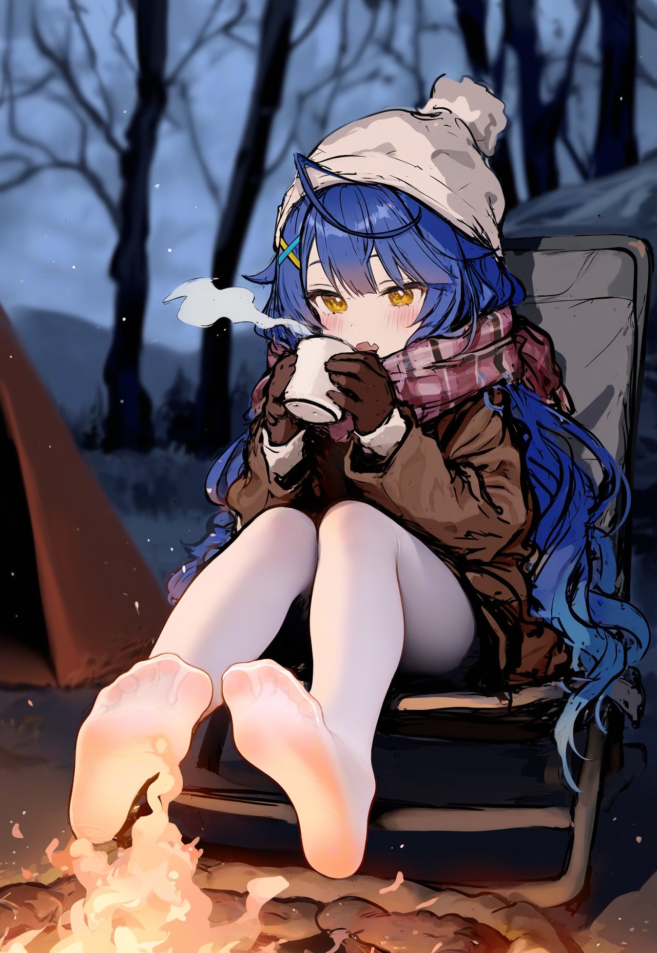 1girl amamiya_kokoro beanie blue_hair campfire cup feet fire hair_ornament hat highres holding holding_cup long_hair nijisanji on_chair open_mouth outdoors peeporose scarf snow steam tent thighhighs tree twintails virtual_youtuber white_thighhighs yellow_eyes