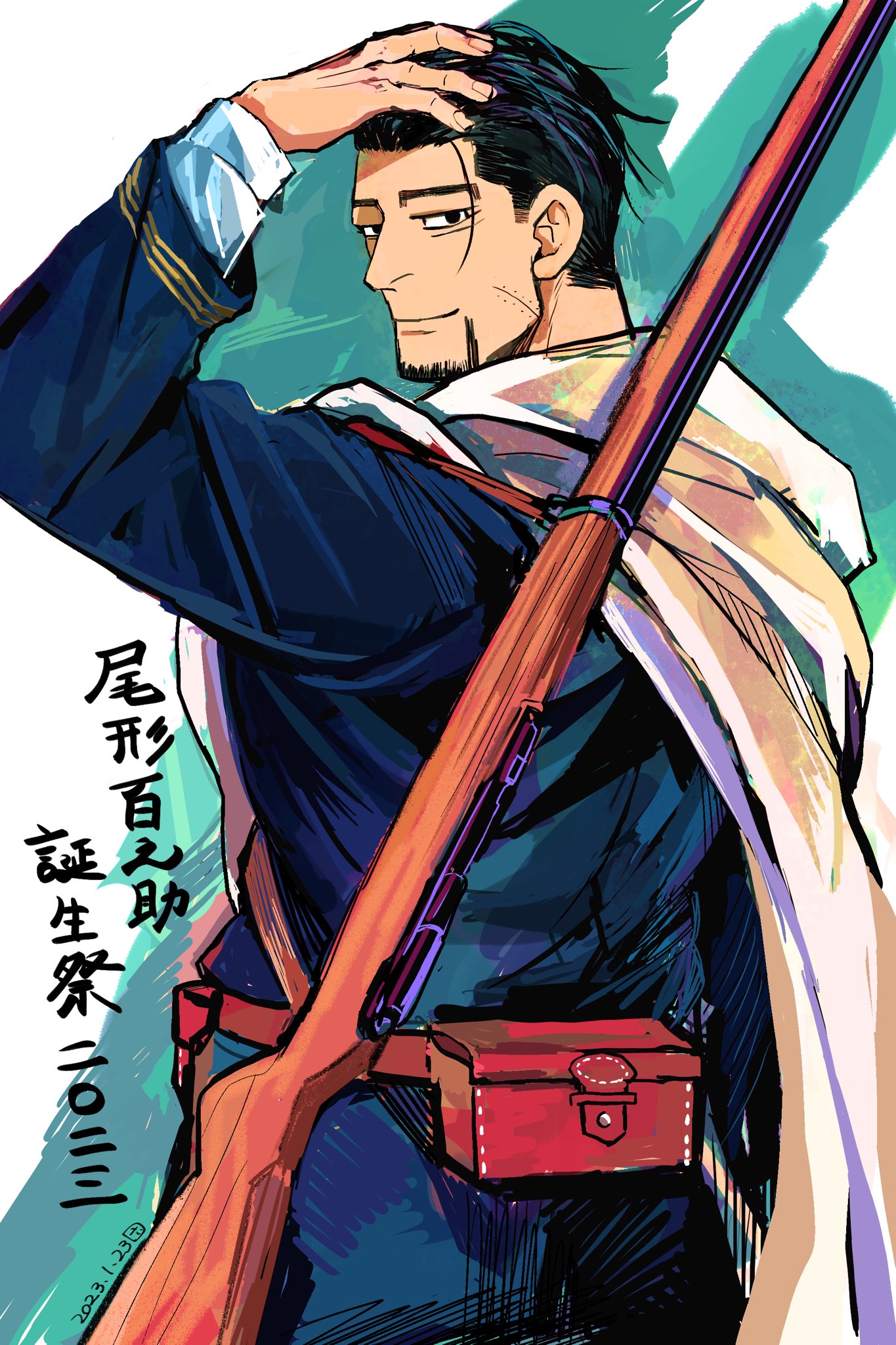 0_otn 1boy belt black_eyes black_hair blue_jacket blue_pants bolt_action cloak cowboy_shot facial_hair from_behind goatee golden_kamuy gun gun_on_back hair_slicked_back hand_on_own_head highres hood hood_down hooded_cloak jacket long_sleeves looking_at_viewer male_focus military_uniform ogata_hyakunosuke pants red_belt rifle short_hair solo translation_request undercut uniform weapon weapon_on_back white_cloak