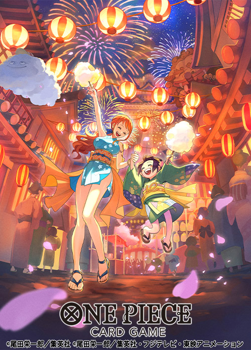 2girls arm_up bare_legs bare_shoulders blue_kimono blue_ribbon blush_stickers bracelet breasts building child closed_eyes commentary_request copyright_name cotton_candy dress earrings facing_another falling_petals fireworks food full_body green_kimono hair_ribbon happy holding holding_food holding_hands japanese_clothes jewelry jumping kimono kimono_dress kurozumi_tama large_breasts log_pose long_hair low_ponytail multiple_girls nami_(one_piece) night night_sky obi official_alternate_costume official_art one_piece open_mouth orange_hair orange_sash otton outdoors petals purple_hair ribbon sandals sash short_kimono shoulder_tattoo single_earring sky sleeveless sleeveless_kimono smile tattoo toes wavy_hair wide_sleeves yellow_sash zeus_(one_piece)