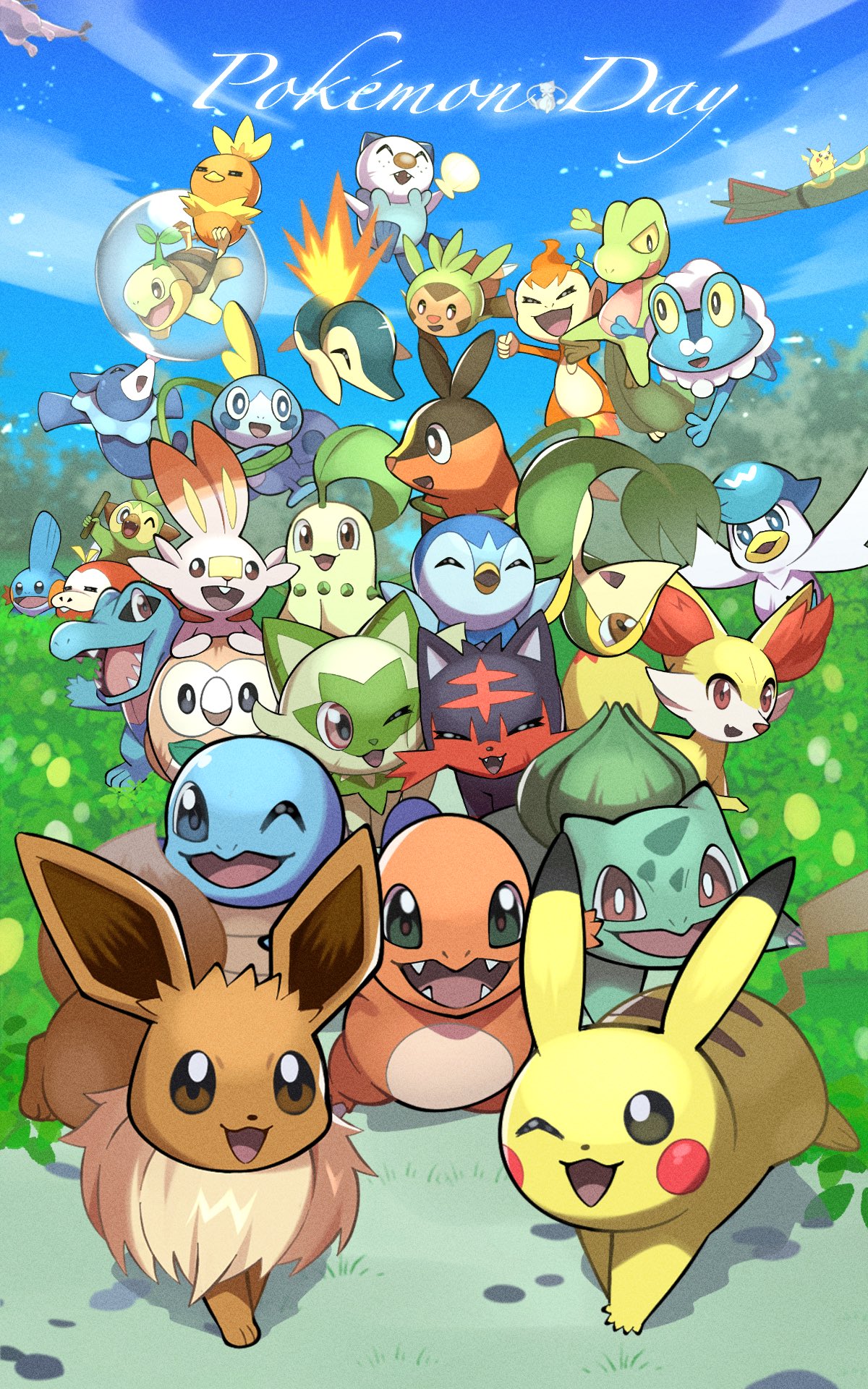 :d animal_focus bird black_eyes black_fur blue_skin blue_sky blurry blurry_background bow bowtie bright_pupils brown_fur bulbasaur cat charmander chespin chikorita chimchar closed_eyes cloud colored_skin commentary_request copyright_name crocodilian cyndaquil eevee fennekin flying fox froakie fuecoco grass green_bow green_bowtie green_fur green_skin grookey highres inana_umi litten looking_at_viewer lugia monkey mudkip no_humans one_eye_closed open_mouth orange_eyes oshawott outdoors owl penguin pikachu piplup pokemon pokemon_(creature) popplio quaxly rabbit rayquaza red_eyes rowlet scorbunny sharp_teeth sky smile snivy sobble sprigatito squirtle tail teeth tepig torchic totodile treecko turtwig white_pupils yellow_skin