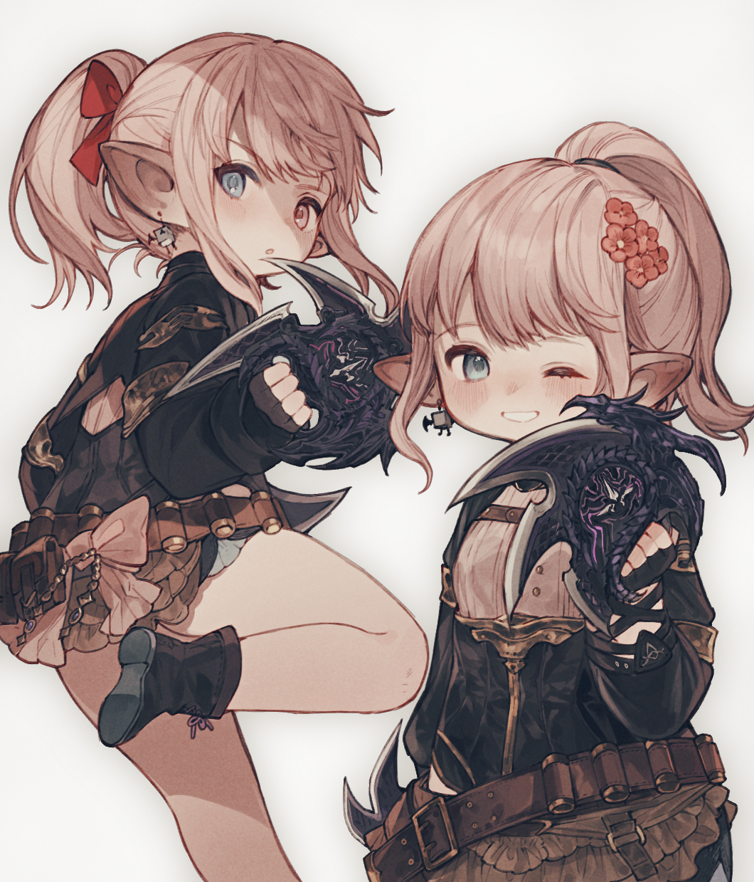 1girl belt belt_pouch blonde_hair blue_eyes blush boots earrings eyelashes fighting_stance final_fantasy final_fantasy_xiv fingerless_gloves flower gloves haiiro_(frabilovelove) hair_ribbon heterochromia high_ponytail highres holding holding_weapon jewelry lalafell leg_up long_hair looking_at_viewer one_eye_closed pointy_ears pouch red_eyes red_ribbon ribbon serious smile solo weapon white_ribbon