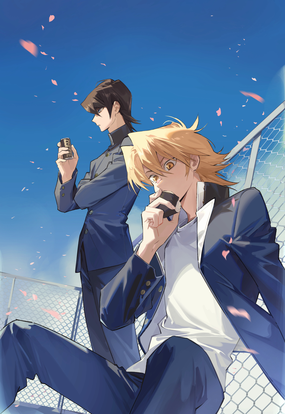 2boys blonde_hair blue_sky brown_hair chain-link_fence cloud commentary_request domino_high_school_uniform eating falling_petals fence food from_side highres holding holding_food inkerpape jacket jounouchi_katsuya kaiba_seto looking_at_object looking_at_viewer male_focus multiple_boys on_rooftop onigiri open_clothes open_jacket petals school_uniform shirt short_hair sitting sky standing white_shirt yellow_eyes yu-gi-oh! yu-gi-oh!_duel_monsters