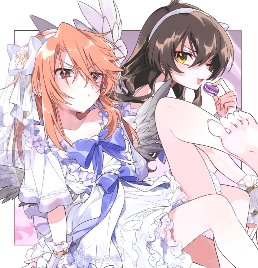 2girls ;3 angel_wings barefoot black_hair blue_bow bow dress feathered_wings food frown hair_bow hairband holding holding_food idolmaster idolmaster_cinderella_girls long_hair macaron matoba_risa mochino multiple_girls one_eye_closed orange_hair red_eyes v-shaped_eyebrows veil white_bow white_dress white_hairband wings yellow_eyes yuuki_haru