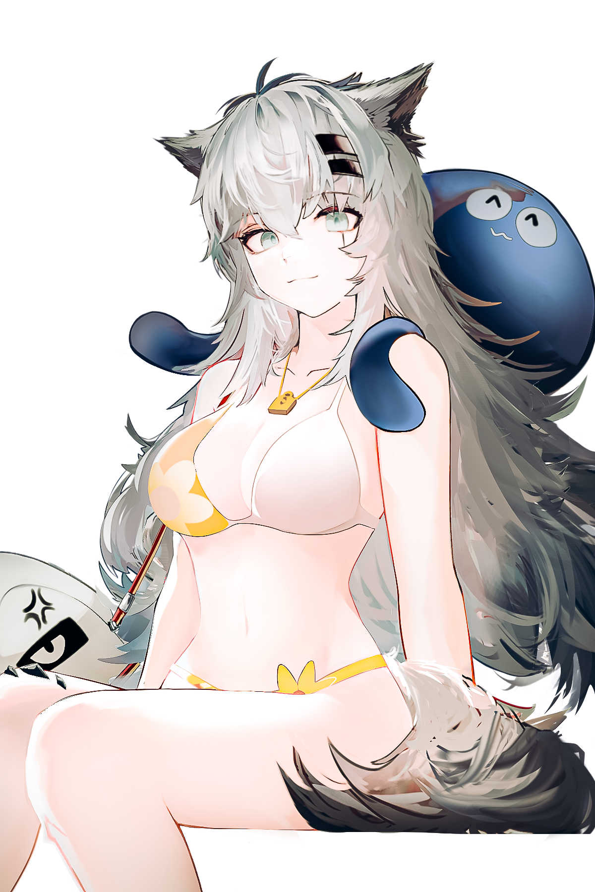 1girl ^_^ alternate_costume anger_vein animal_ear_fluff animal_ears arknights bare_shoulders bikini breasts cleavage closed_eyes closed_mouth collarbone grey_eyes grey_hair hair_between_eyes hair_ornament hairclip highres invisible_chair jewelry lappland_(arknights) looking_at_viewer messy_hair navel necklace octopus oripathy_lesion_(arknights) runamonet scar scar_across_eye simple_background sitting solo stomach swimsuit tail white_background wolf_ears wolf_tail